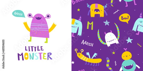 Fototapeta Seamless cute pattern set with little monsters for baby. Abstract vector print with stylized monsters for kids textile.