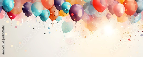 Fototapeta Design for a birthday card or invitation with a background of balloons and confetti,