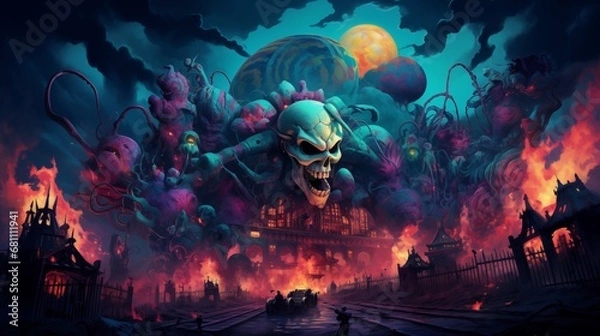 Obraz A haunted carnival at night, with ghostly rides and eerie music. Digital concept, illustration painting.