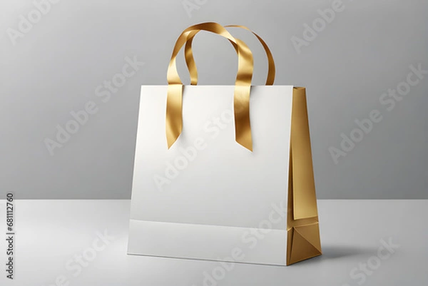 Fototapeta White paper shopping bag with gold ribbon handle mockup. Boutique cardboard packaging, store paper bag or shopping packaging. photo created using the Playground AI platform.