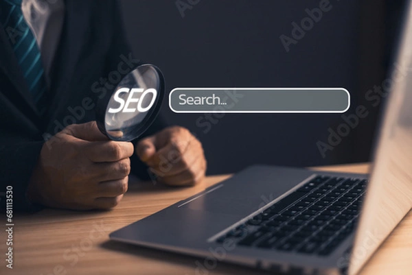 Fototapeta Businessman sit in suit holding magnifying glass.Searching Browsing Internet Data Information with blank search bar. Search Engine Optimization SEO Networking Concept.