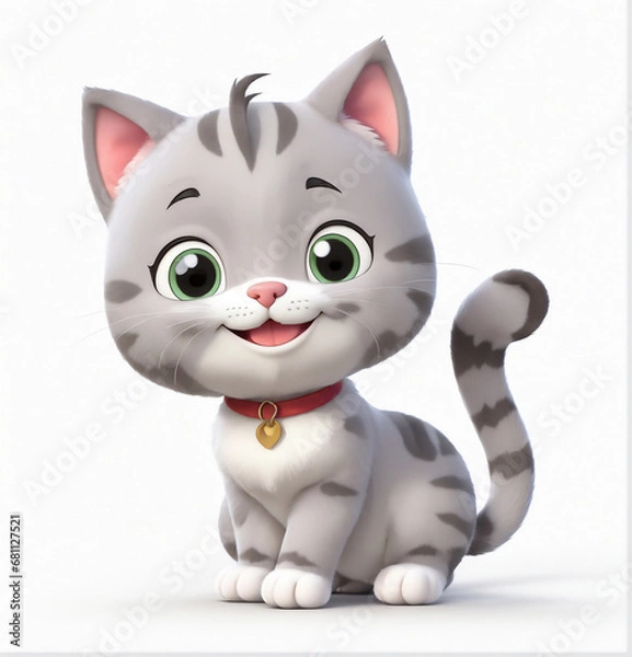 Fototapeta A 3d cartoon character happy baby cat kitten on the white background, looking cute, adorable and joyful