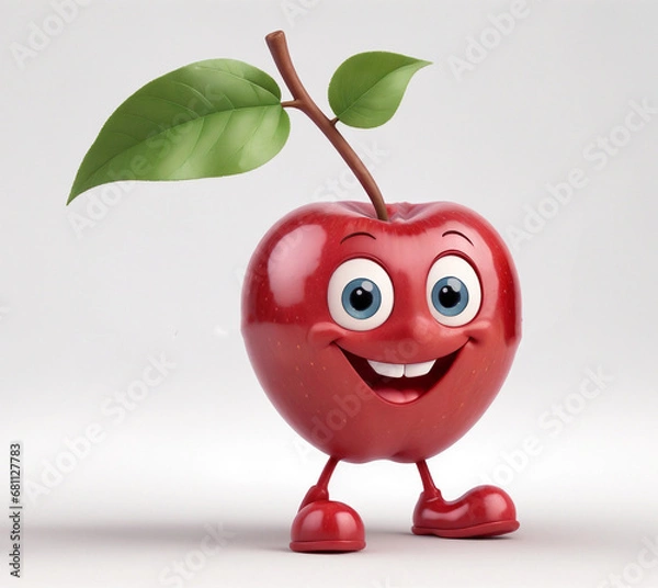 Fototapeta A 3d cartoon character apple fruit on floor on the white background, looking cute, adorable and joyful