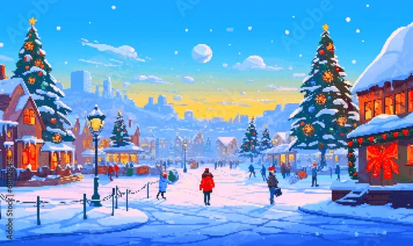 Fototapeta Christmas Festival Backgroud with Decoration (Christmas Tree, Gingerbread House, Reindeer, Santa Claus and Ornament), Pixel Art Retro RPG Game 8 bits 16 bits 32 bits Style