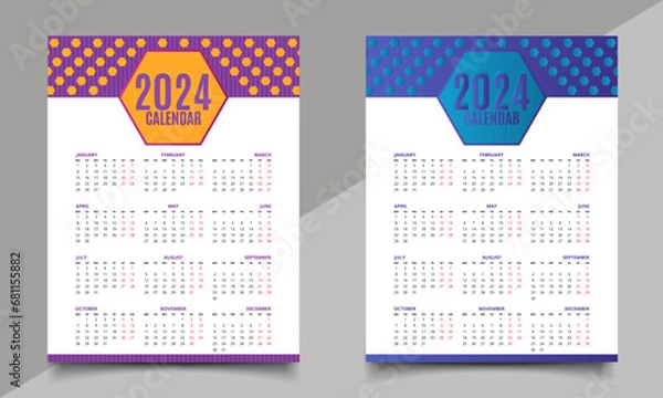 Fototapeta Calendar. One-page New Year calendar design. 2024 calendar design.