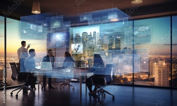 Fototapeta Design an image of a virtual office meeting, with colleagues connecting from different locations through video conferencing technology