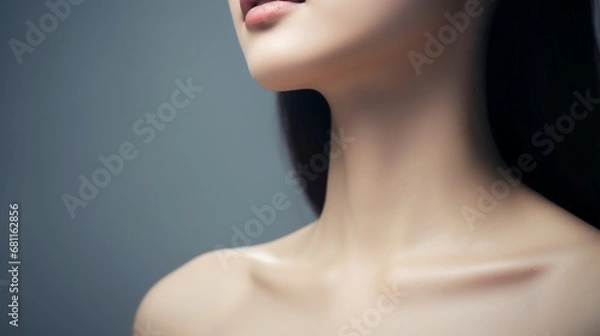 Obraz Close up of a young beautiful woman's clavicle area isolated on studio simple background, concept of cosmetic product, skin care and necklace model mock up.