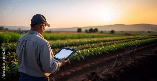 Fototapeta A senior farmer with a cap reviewing agricultural data on a tablet at sunset in the field.