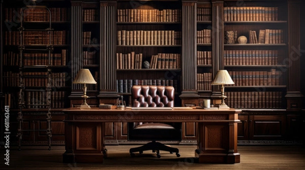 Fototapeta a classic study with a large wooden desk and built-in bookshelves and a leather armchair
