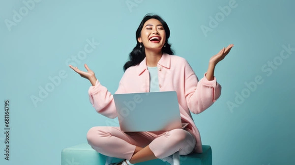 Fototapeta Excited young woman raising her fists in the air with a joyful expression, likely celebrating success while working on her laptop against a blue background.