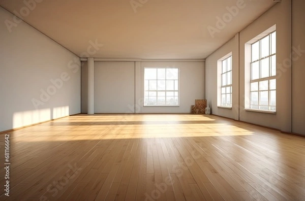 Fototapeta Empty white room with a wooden floor. Generative AI