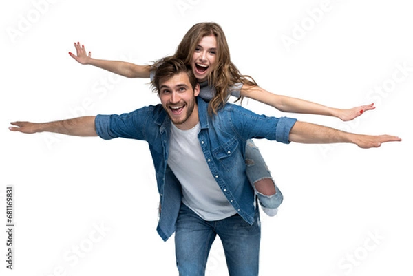 Fototapeta Cute portrait of couple. Guy rolls a girl on his back on transparent background