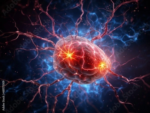 Fototapeta Striking stock photo of a neuron firing, showcasing the intricacy of the human brain Illustration Generative AI