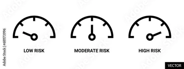 Obraz Risk meter, low, moderate, high risk gauge scale vector icons in line style design for website, app, UI, isolated on white background. Editable stroke. Vector illustration.