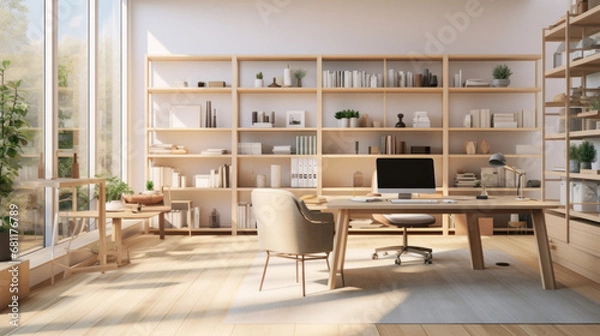 Fototapeta a bright and airy home office with a large wooden desk and a comfortable armchair and several shelves filled with various supplies