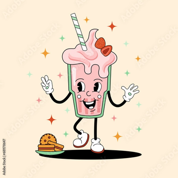 Fototapeta Comic flat Milkshake with face on decorated background. Vector cartoon illustration in groovy retro style with drink. Image of cute strawberry milk shake character with smile for banner or poster