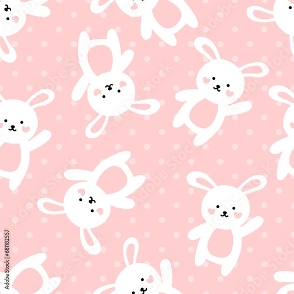 Fototapeta Cute white rabbit on a pastel pink background with polka dot texture, kids kawaii seamless pattern