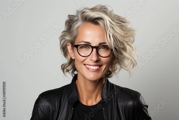 Fototapeta A happy woman smiling with glasses on gray background.