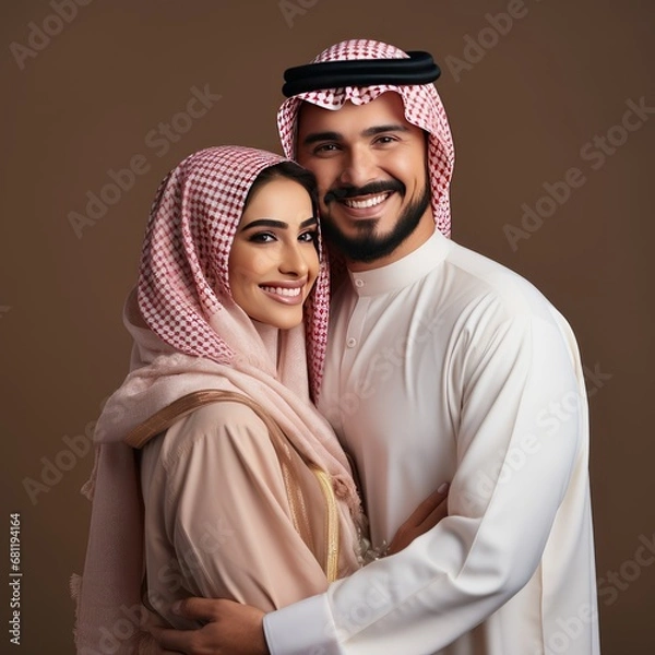 Fototapeta Smiling Newlyweds Embracing in Studio Portrait