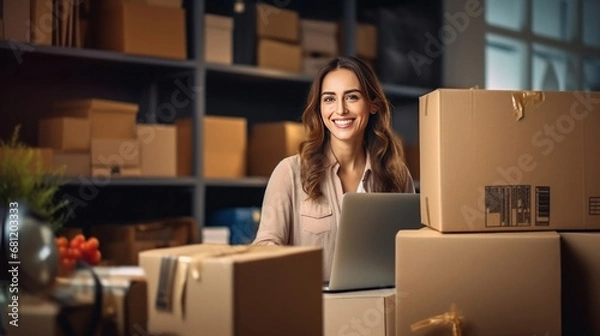 Obraz A happy woman at the office preparing boxes and delivering sales. Concept of selling products online.