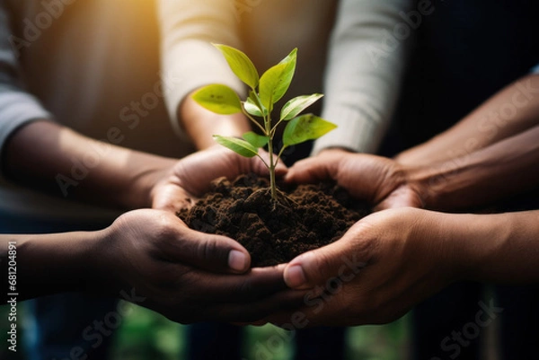 Fototapeta Close-up Plant in hands of business people for teamwork, support or environment Collaborating, growing, and investing in people and the soil for the future.