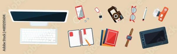 Fototapeta Desktop with Computer, Smartphone, Camera, Tablet, Glasses and Notepad Vector Set