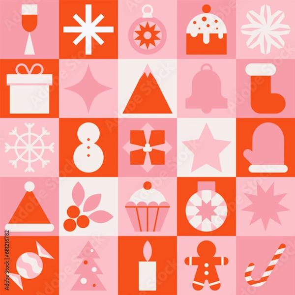 Fototapeta Christmas seamless pattern. Flat geometric elements, minimal holiday icons, square tiles simple shapes. Vector background