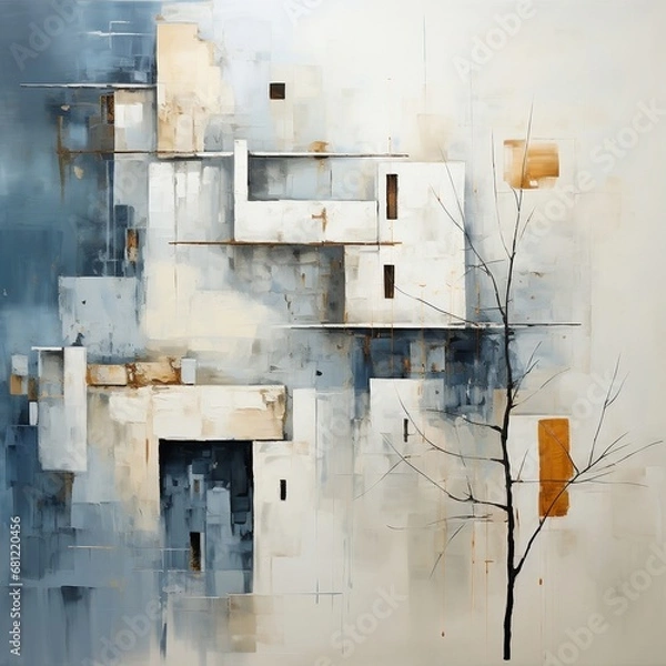 Fototapeta Abstract oil painting architectural, minimal village. Dynamic composition forms and shapes. Good as a poster for wall decor or interior.