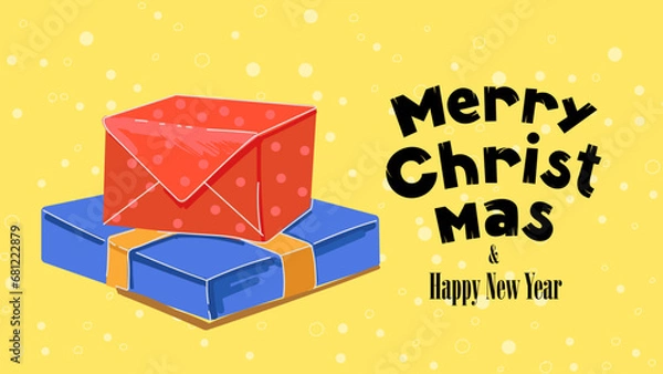 Fototapeta Merry Christmas and Happy New Year greeting card. Xmas cozy holiday eve banner. Red and blue gift boxes stack. Celebration present packaging with ribbon. Drawing postcard vector eps illustration