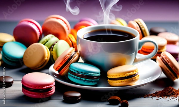 Fototapeta Macaroons and coffee. Generative AI