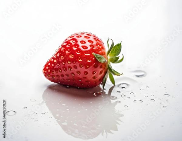Fototapeta Fresh Single Strawberry with Dew Drops on Surface and Reflection on White Background - Detailed Close-up for Culinary and Nutritional Concepts 