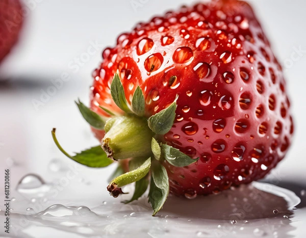 Fototapeta Fresh Single Strawberry with Dew Drops on Surface and Reflection on White Background - Detailed Close-up for Culinary and Nutritional Concepts 