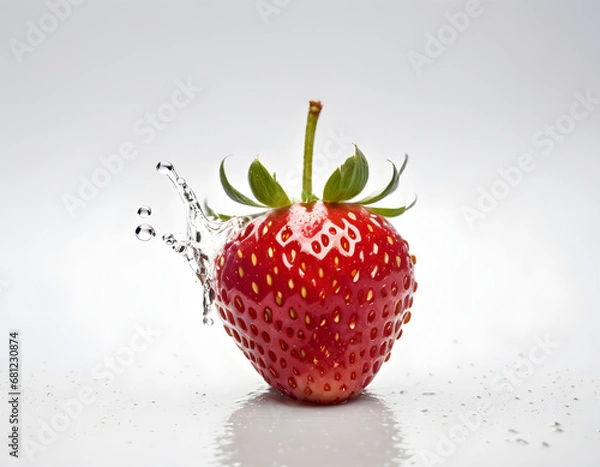 Fototapeta Fresh Single Strawberry with Dew Drops on Surface and Reflection on White Background - Detailed Close-up for Culinary and Nutritional Concepts 