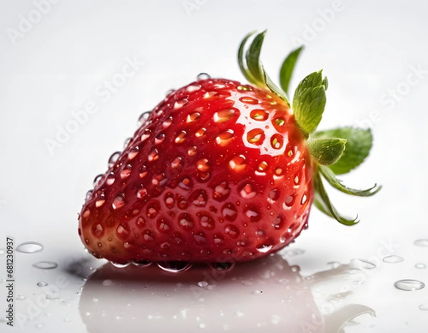 Fototapeta Fresh Single Strawberry with Dew Drops on Surface and Reflection on White Background - Detailed Close-up for Culinary and Nutritional Concepts 