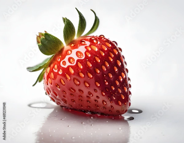 Fototapeta Fresh Single Strawberry with Dew Drops on Surface and Reflection on White Background - Detailed Close-up for Culinary and Nutritional Concepts