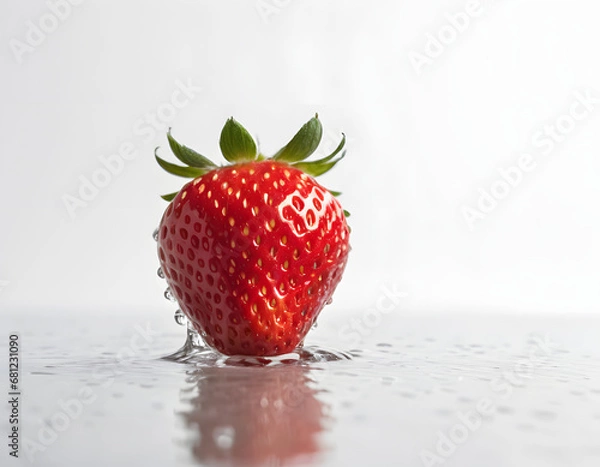 Fototapeta Fresh Single Strawberry with Dew Drops on Surface and Reflection on White Background - Detailed Close-up for Culinary and Nutritional Concepts