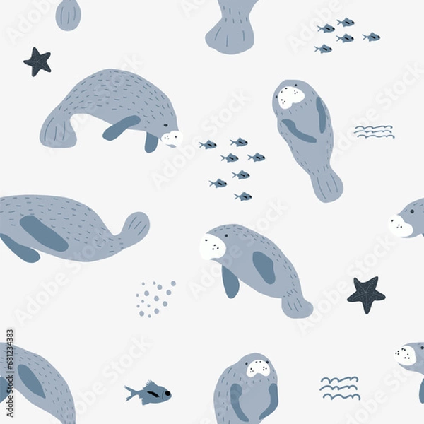 Fototapeta Manatee. Ocean animals seamless pattern. Cute scandi background for fabric, wrapping, textile, wallpaper, apparel.