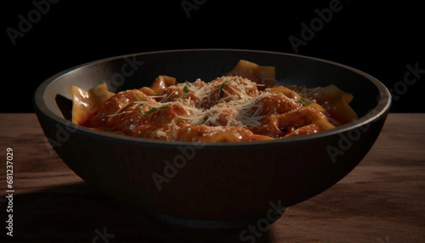 Fototapeta Freshly cooked gourmet meal pork pasta with vegetable sauce generated by AI