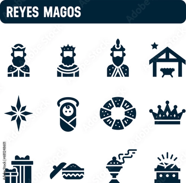 Fototapeta Three Kings Day icons. Vector set of the Three Wise Men. Filled icon design. January 6th tradition, toys and gifts.