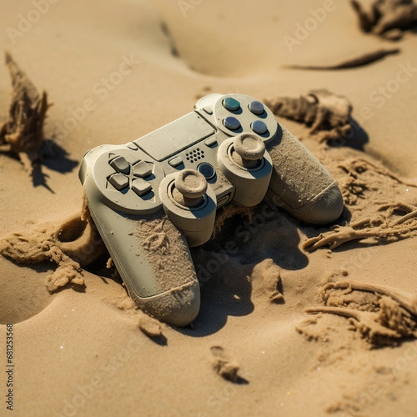 Obraz PlayStation controller buried in the sand with the beach in the background. Summer holidays