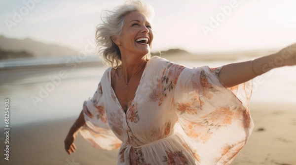 Obraz Candid shot of a glimmering, joyful, and optimistic senior woman, smiling and celebrating life on the beach at sunset with a floral dress by the ocean.