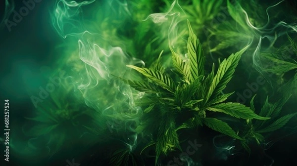 Fototapeta Hazy smoke backdrop with cannabis marijuana buds.
