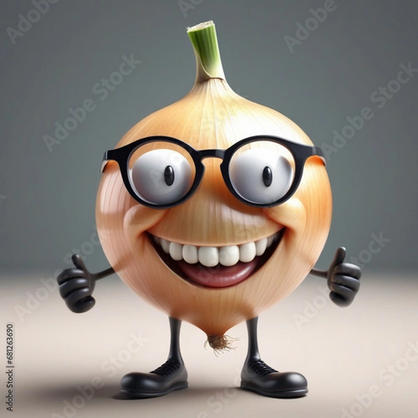 Fototapeta A realistic vetor art  design of a smiley onion wearing cycle glasses saying, text, " I can make you cry ", illustration, typography, 3d render