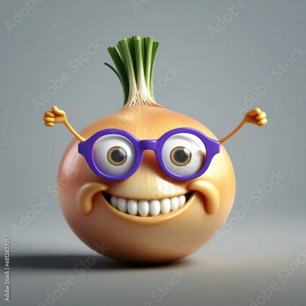 Fototapeta A realistic vetor art  design of a smiley onion wearing cycle glasses saying, text, " I can make you cry ", illustration, typography, 3d render