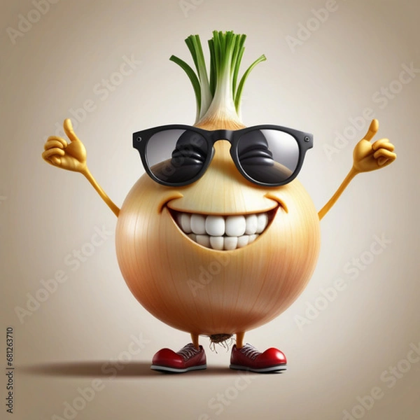 Fototapeta A realistic vetor art  design of a smiley onion wearing cycle glasses saying, text, " I can make you cry ", illustration, typography, 3d render