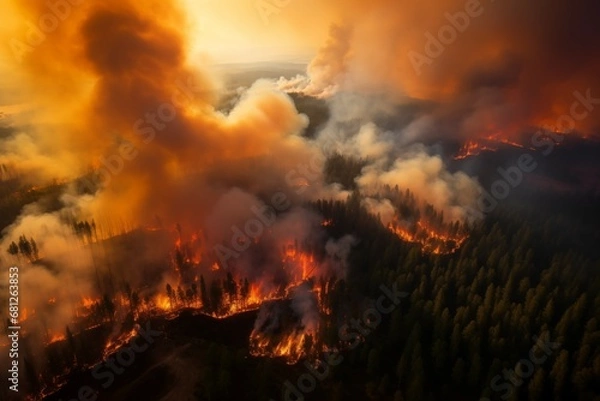Fototapeta Aerial View of Wildfire Engulfing Vast Forest in California - A Stark Image of Forest Fire's Devastating Power
