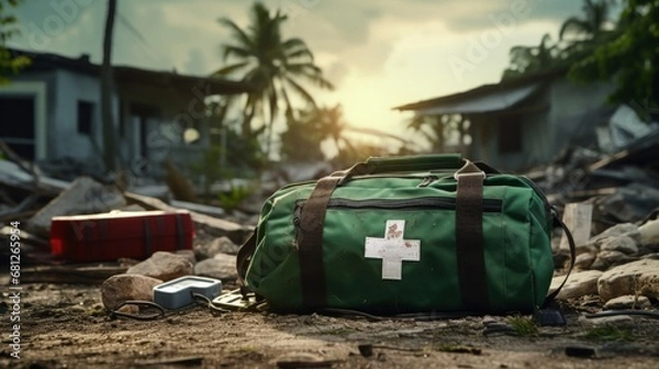 Fototapeta Green first aid bag in the middle of debris in a destroyed city, natural disaster. Generative AI