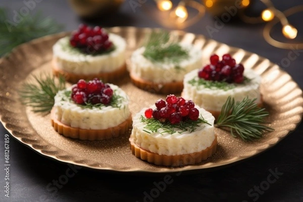 Fototapeta Festive canapés with red berries on golden plate
