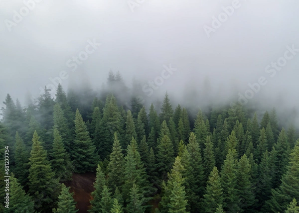 Fototapeta pine forest in the fog seen from the air
