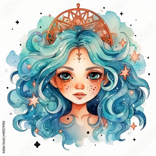 Fototapeta The girl in the image represents the symbol of the Zodiac. Beliefs, individual horoscope, analysis of characteristics of the date of birth. Cute illustrator for the zodiac watercolor style